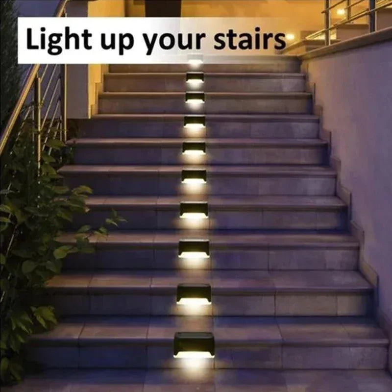 Showlu Smart General solar waterproof deck step lights installed on outdoor stairs, providing illumination and safety.