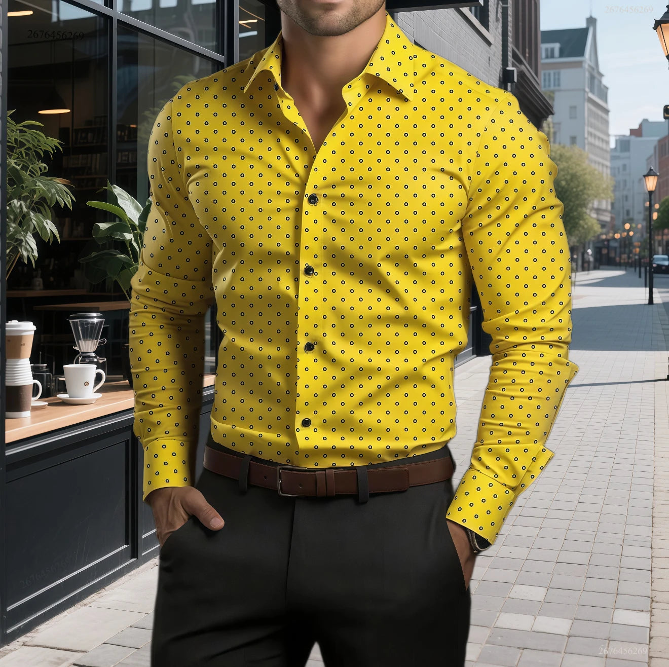 Showlu men's polka dot long sleeve casual shirt in oversized fit, suitable for business or casual wear, featuring a stylish pattern.