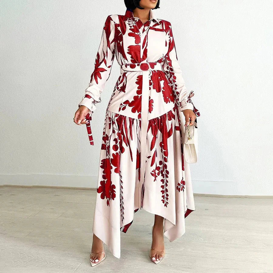 SHOWLU Women's printed asymmetric maxi dress with long sleeves, stylish shirt dress design, perfect for casual and chic occasions
