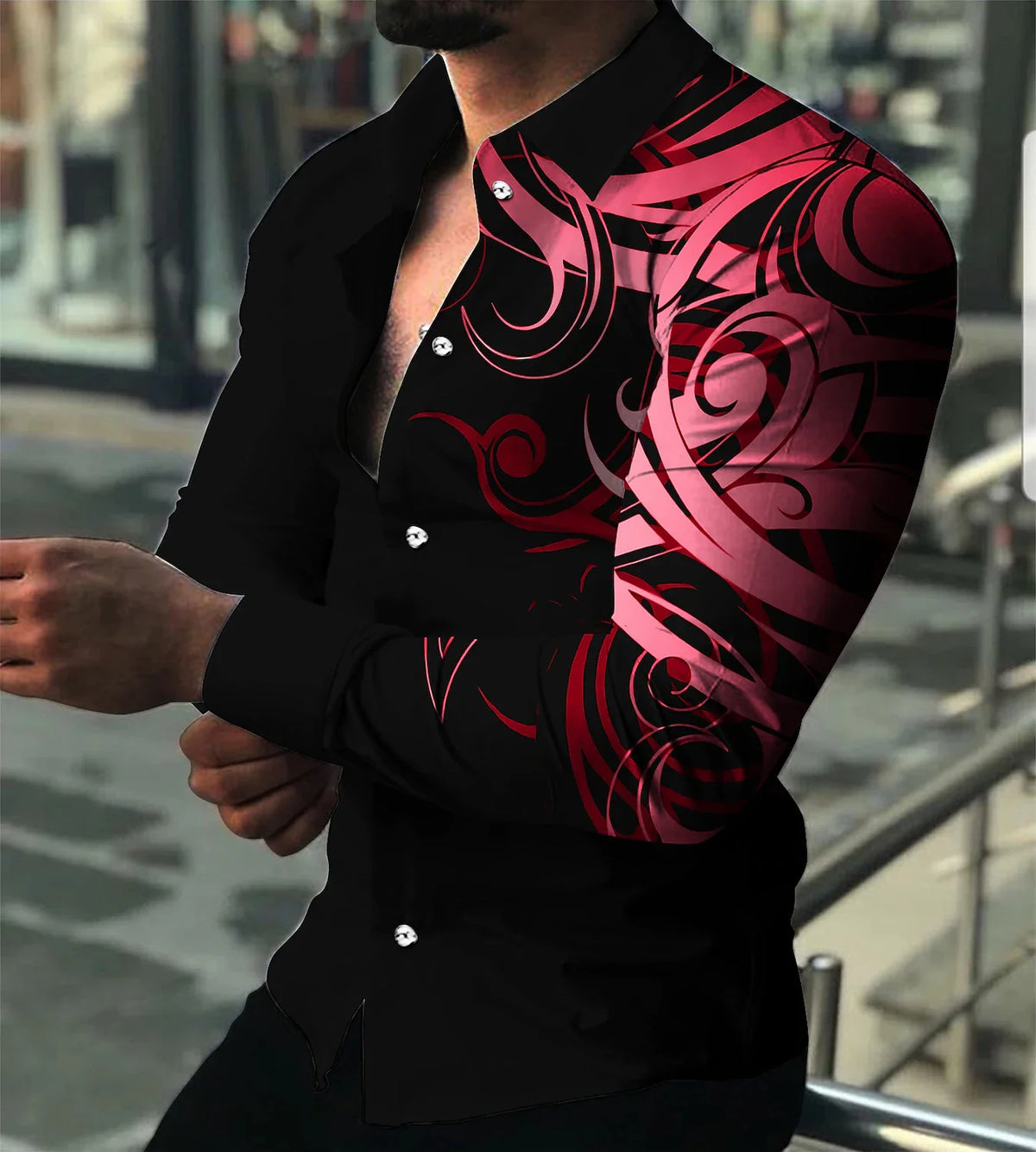 2023 new men's luxury social shirt lapel button shirt casual printing long-sleeved men's club prom cardigan street top