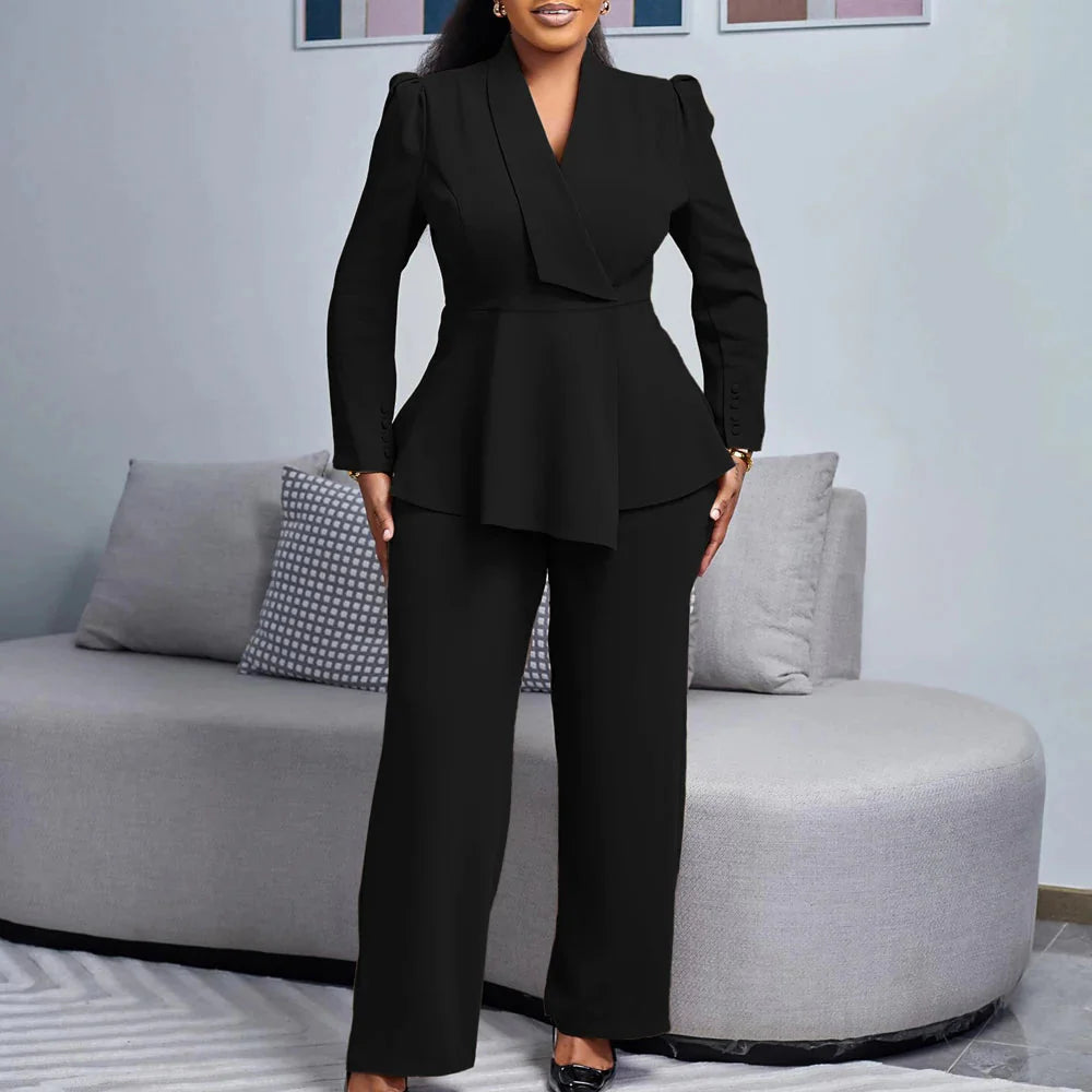 Showlu Fashion Women's 2-piece wide leg pant suit, elegant office work set with stylish blazer and matching wide-leg trousers.