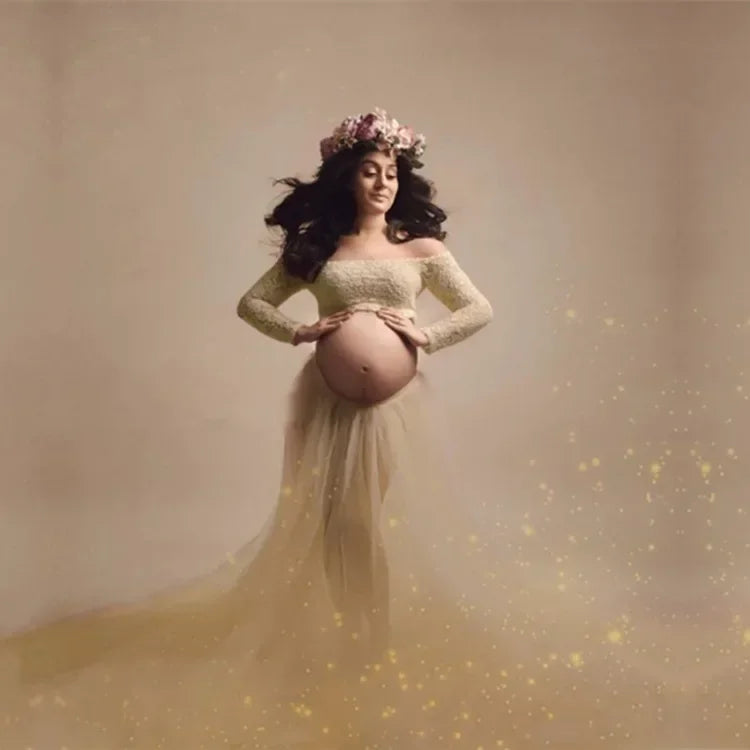 Showlu maternity lace top and tulle skirt set for photoshoots, featuring delicate lace details and flowing fabric, perfect for maternity photography.