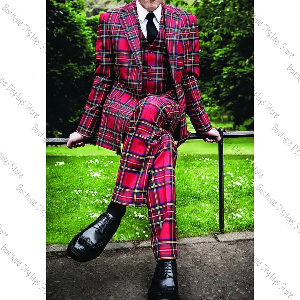 Men's red grid 3-piece suit by SHOWLU, featuring peak lapel for formal weddings and parties, displayed on a mannequin.