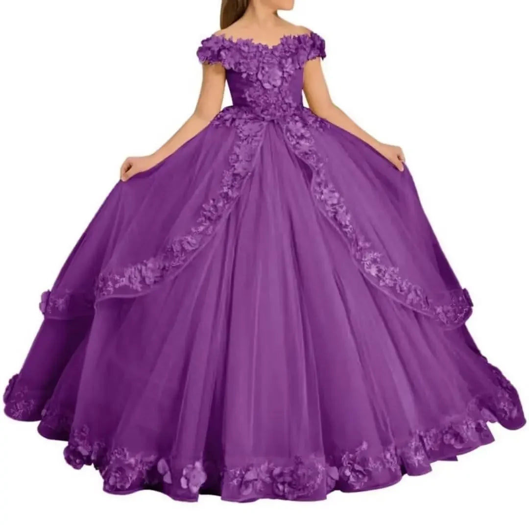 Yellow flower girl dress by Showlu Fashion Store featuring beading, appliqué details, perfect for pageants, birthdays, and communions