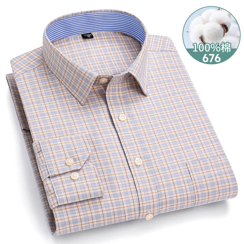 Long sleeve men's plaid Oxford cotton dress shirt in 6XL/7XL, regular fit, soft fabric, suitable for formal and social occasions.