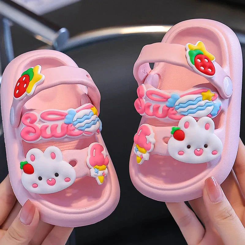 Kids cartoon rabbit sandals by Shijunyi with soft soles and non-slip features, perfect for beach and casual wear.