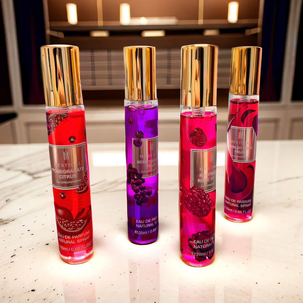 Showlu Fashion Mystical Fruity Fragrance Perfume Gift Set with four travel-sized bottles and decorative packaging.
