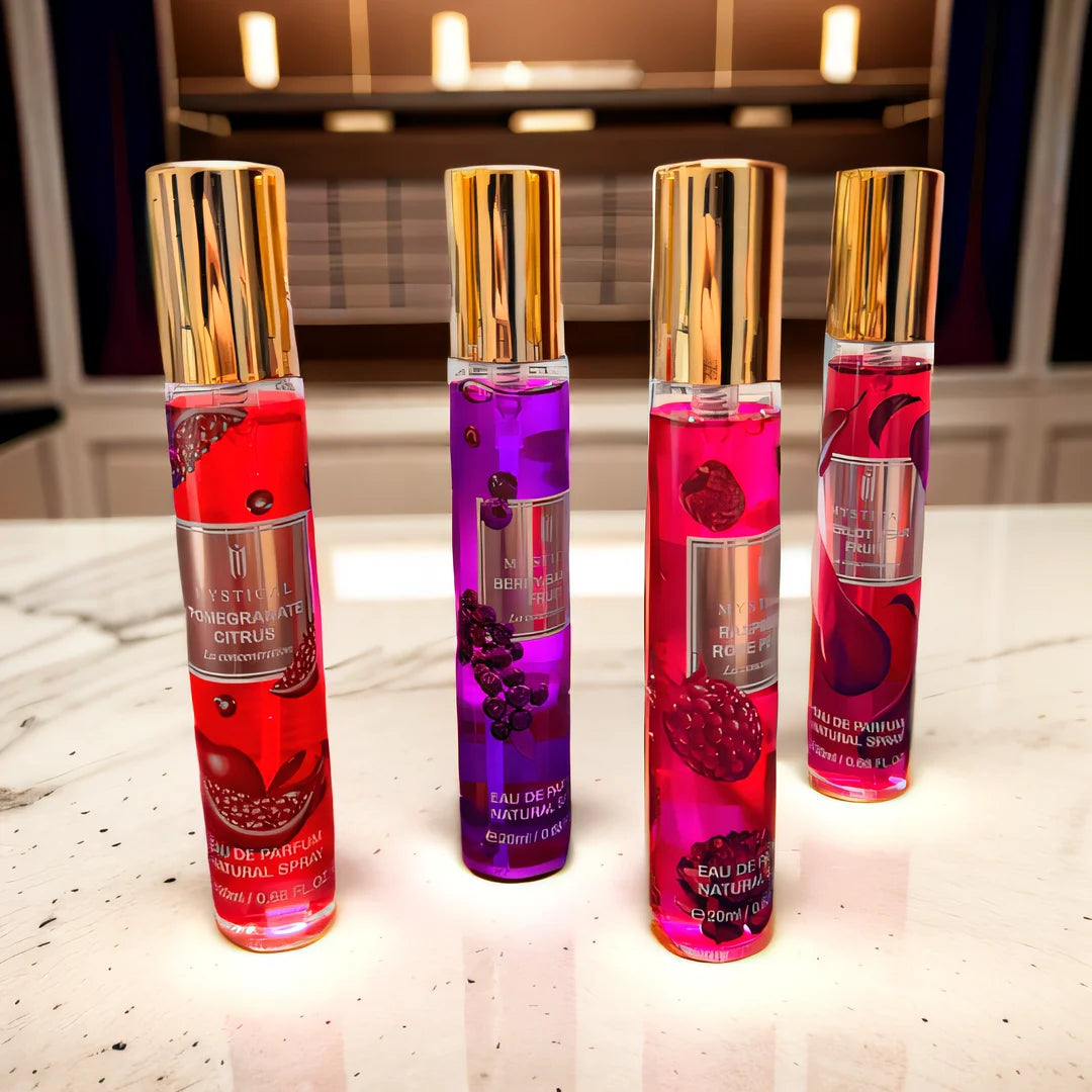 Showlu Fashion Mystical Fruity Fragrance Perfume Gift Set with four travel-sized bottles and decorative packaging.