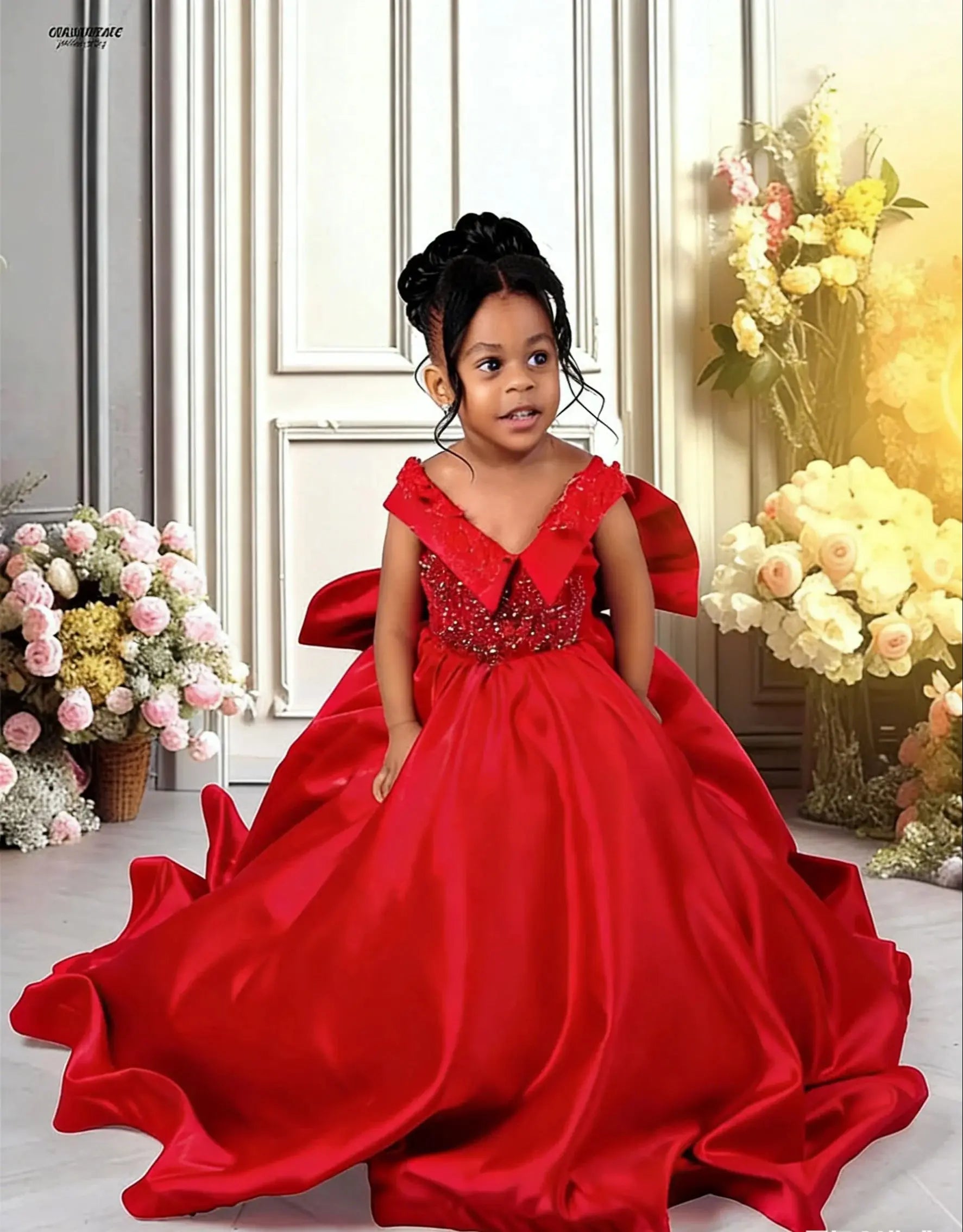 Red satin communion ball gown with a bow from 1170uf-he, featuring a full skirt and elegant design for special occasions.