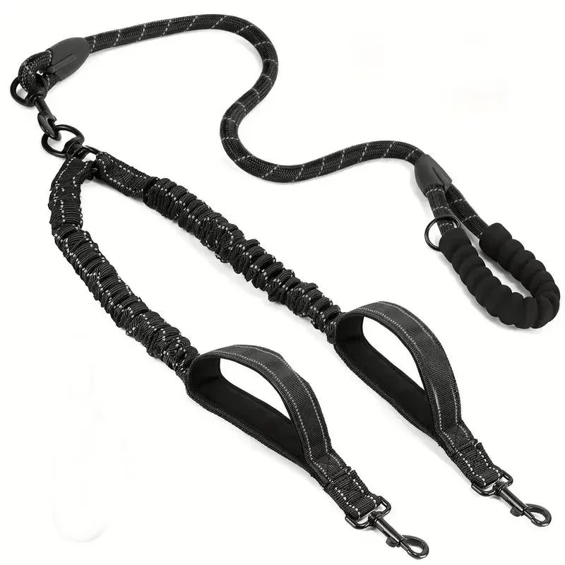 Showlu Reflective Double Dog Leash made of no-tangle nylon, featuring reflective strips for visibility during walks.