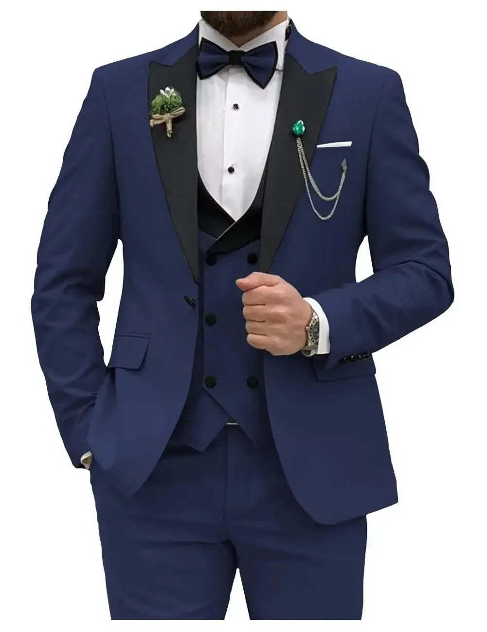 Royal blue men's 3-piece slim fit suit with double-breasted jacket and matching trousers and vest, stylish formal attire from Showlu Fashion