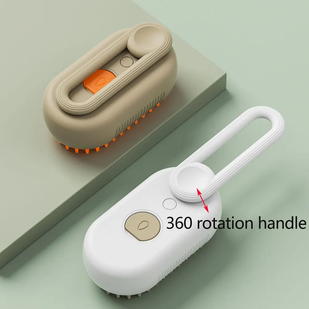 Rechargeable electric steam cat grooming brush with self-cleaning and massage features, designed for removing loose pet hair.