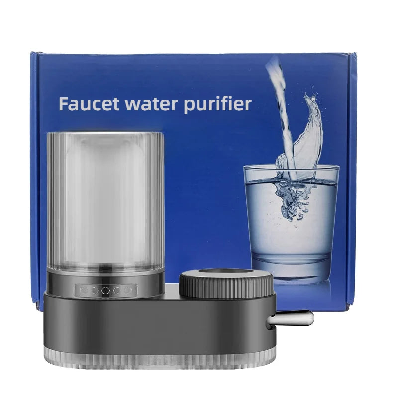 Showlu universal faucet water purifier with washable ceramic filter element mounted on a kitchen sink faucet.