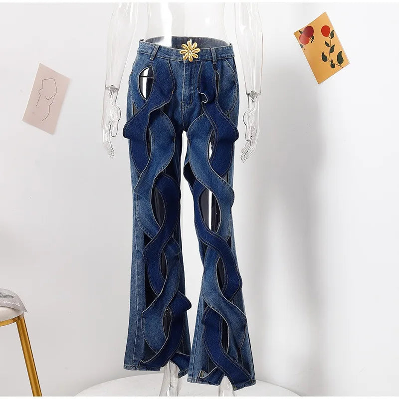 Talenza Women's Summer High Waist Pants Casual Patchwork Sexy Hollow Button Jeans Loose Fashion Streetwear Y2k Women's Pants