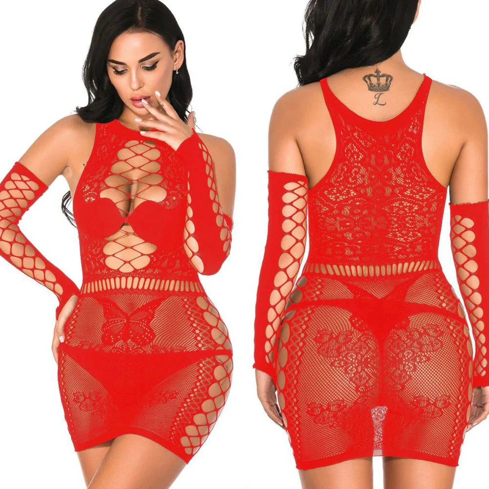 Plus size fishnet lingerie dress by SHOWLU, open cup halter mini dress, featuring a revealing fishnet design and halter neckline.
