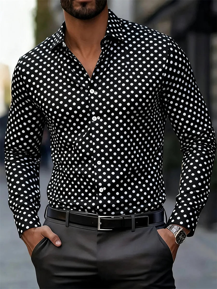 Men's slim-fit polka dot print long-sleeved shirt from Showlu Fashion Store, ideal for business casual and daily commuting.