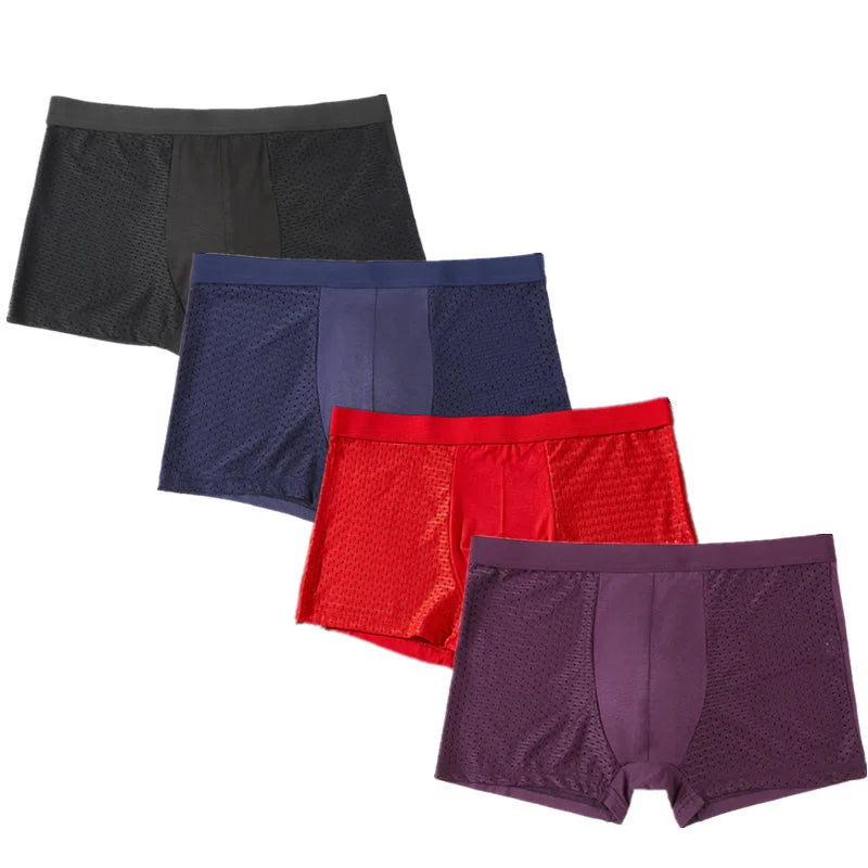 Showlu Men's Ice Silk Boxer Briefs 4-Pack with breathable mesh fabric, comfortable men's underwear, stylish and lightweight design.