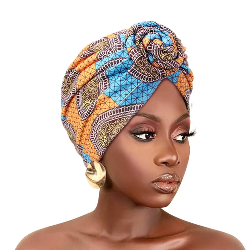 Elegant African print pleated turban with floral design, pre-tied front knot, elastic band, women’s chemo cap, head wrap, bandana style