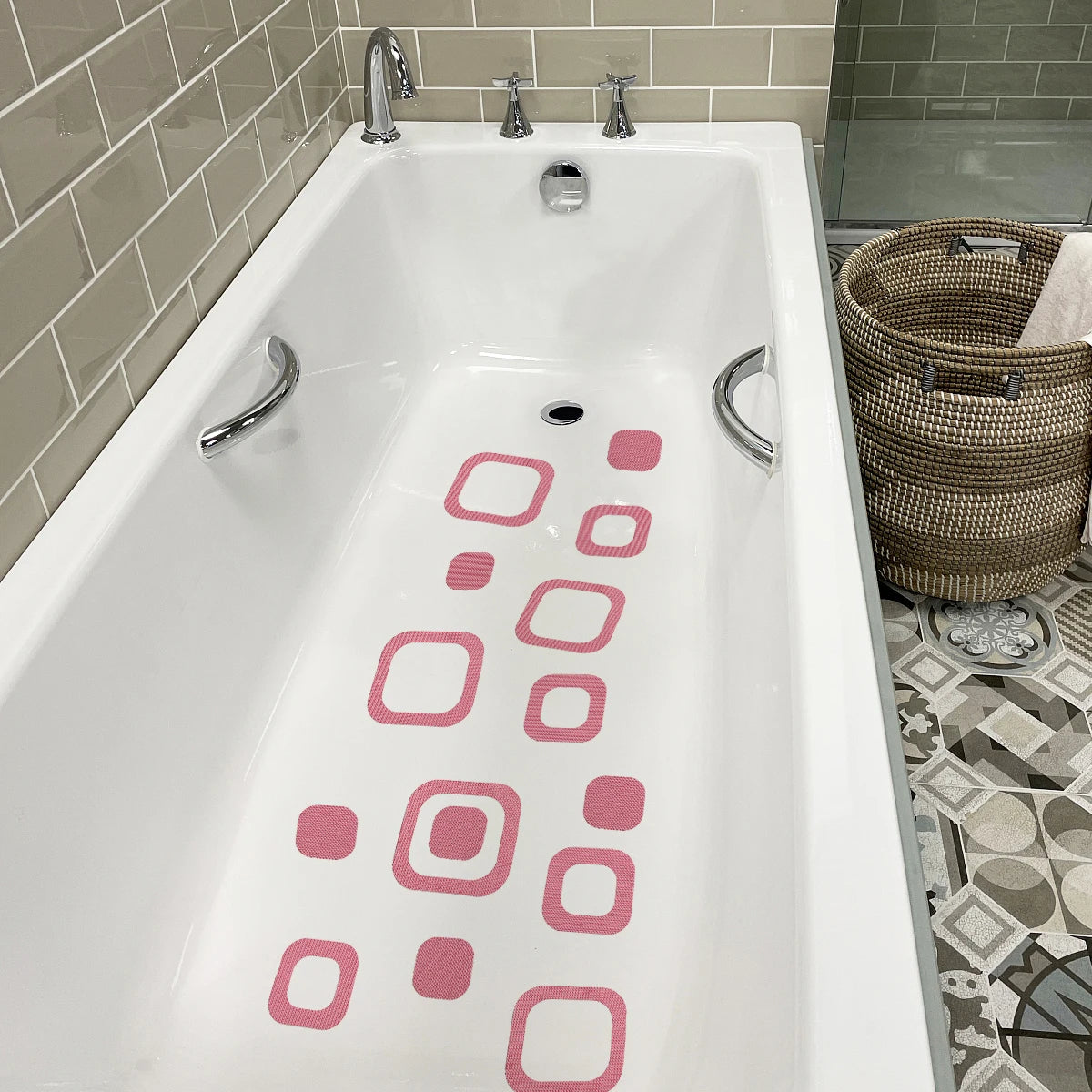 Showlu Smart General anti-slip bath stickers on a bathroom surface, providing safe, textured grip for wet surfaces.