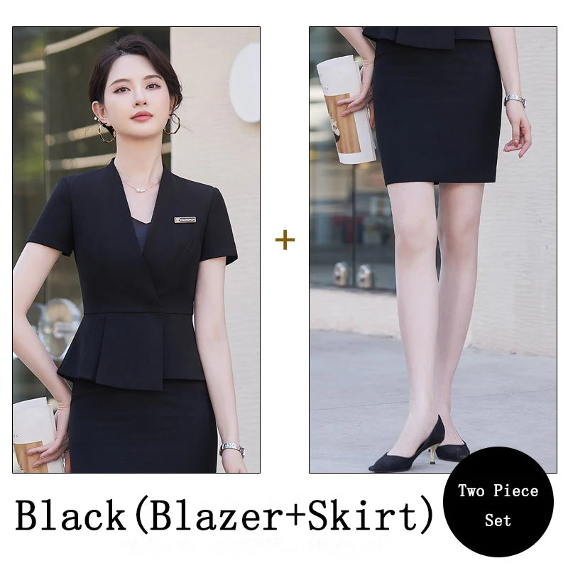 Summer Short Sleeve Women Business Suits OL Styles Office Ladies Formal Professional Work Wear with Skirt and Tops Career Set