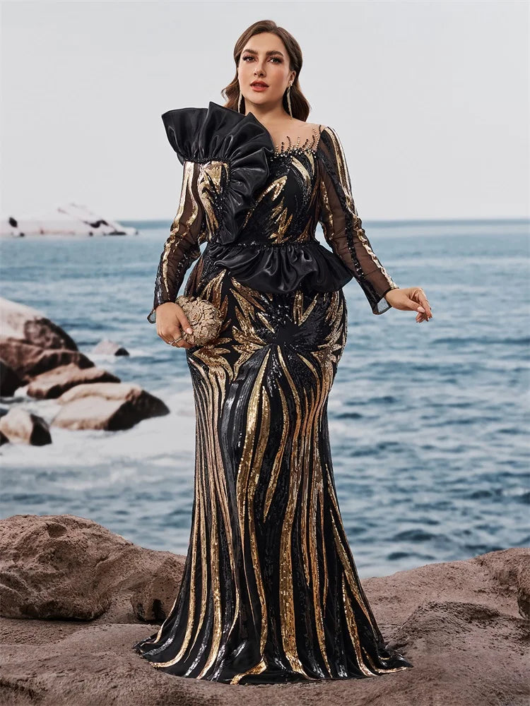 Elegant plus size Lucyinlove luxury ruffled sequin evening gown by Showlu Fashion, featuring long sleeves and a mermaid silhouette.