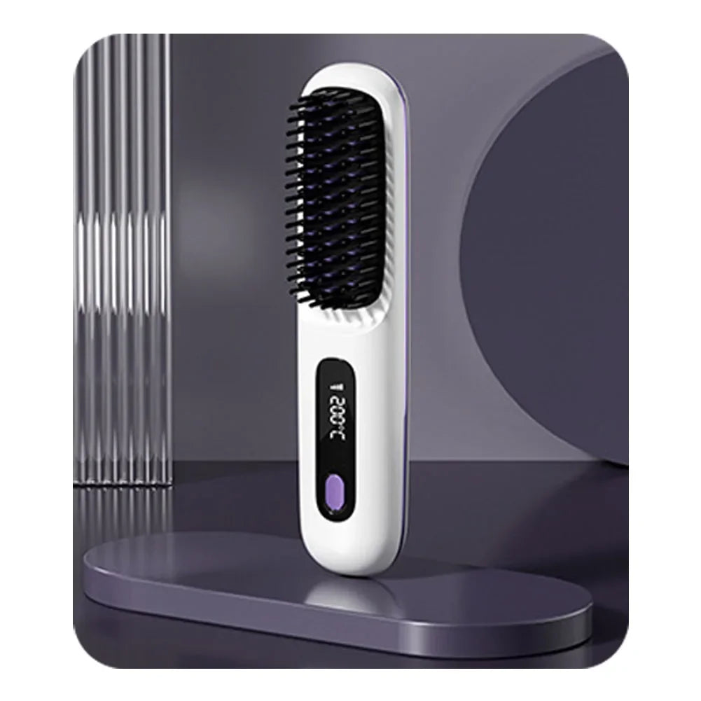 Showlu Smart wireless ionic hair straightener brush in black, designed for anti-frizz styling with a sleek, compact appearance.