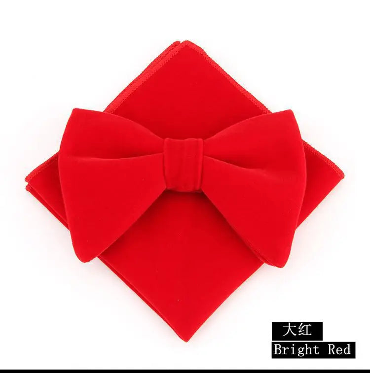 Men's velvet bowtie, handkerchief, and pocket square set by Showlu Fashion, featuring a stylish big bowtie and custom logo design.