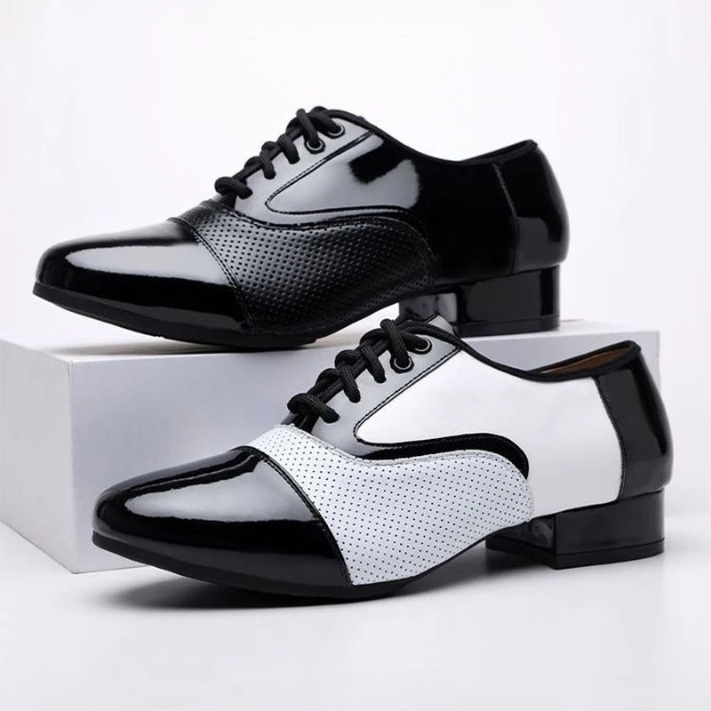 Men's modern dance shoes by Showlu Fashion, featuring soft leather, breathable fabric, ideal for Latin, jazz, and formal dance styles.