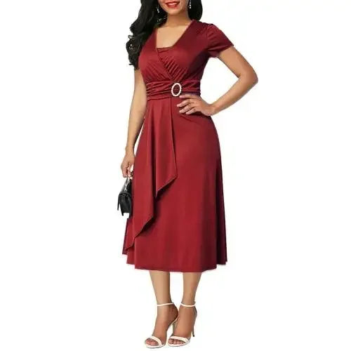 Liva Girl women's V-neck short sleeve summer party dress in elegant A-line style, shown in a stylish fabric with a fitted waist.