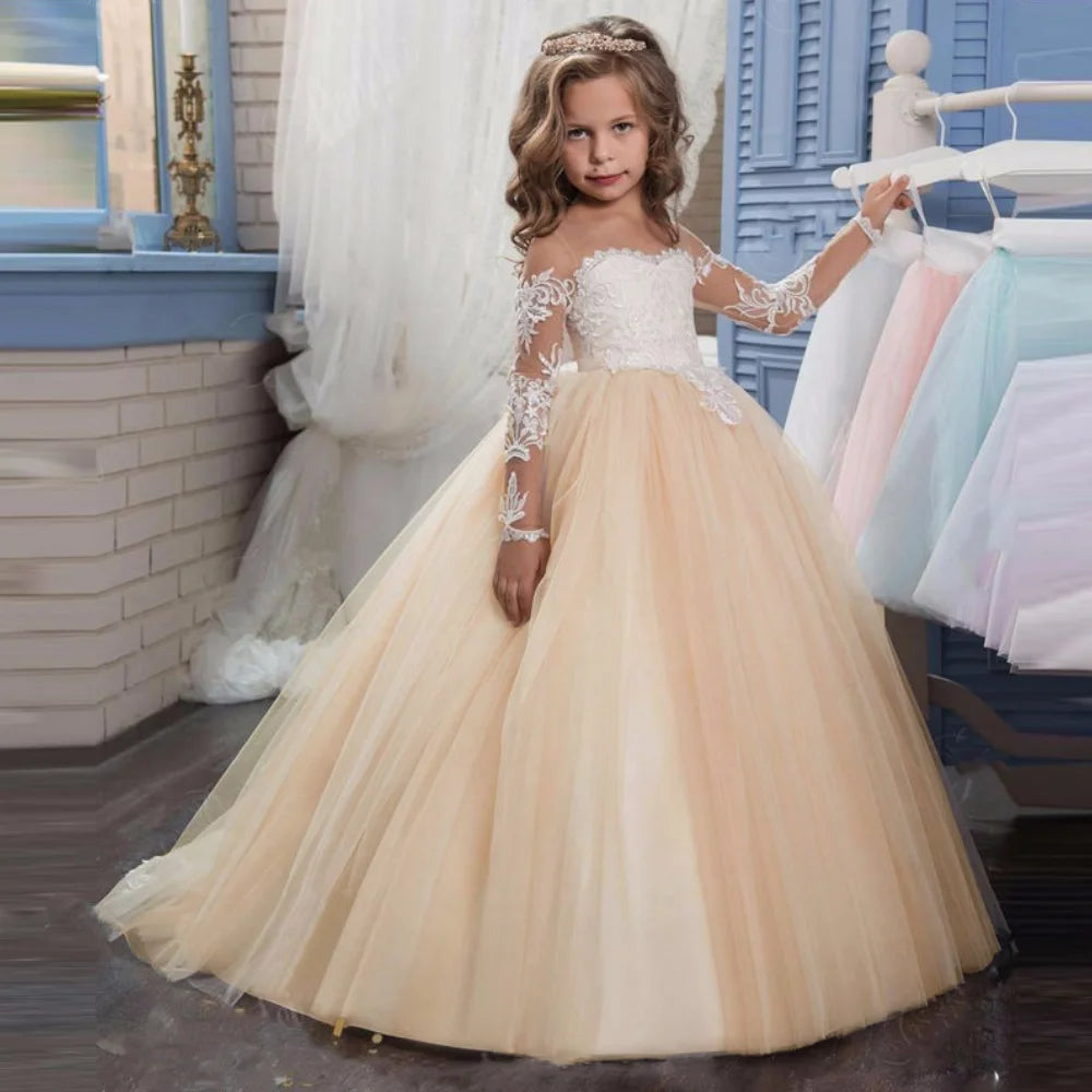 Light pink flower girl dress with white appliques, long sleeves, tulle fabric for wedding, birthday, or holy communion events.