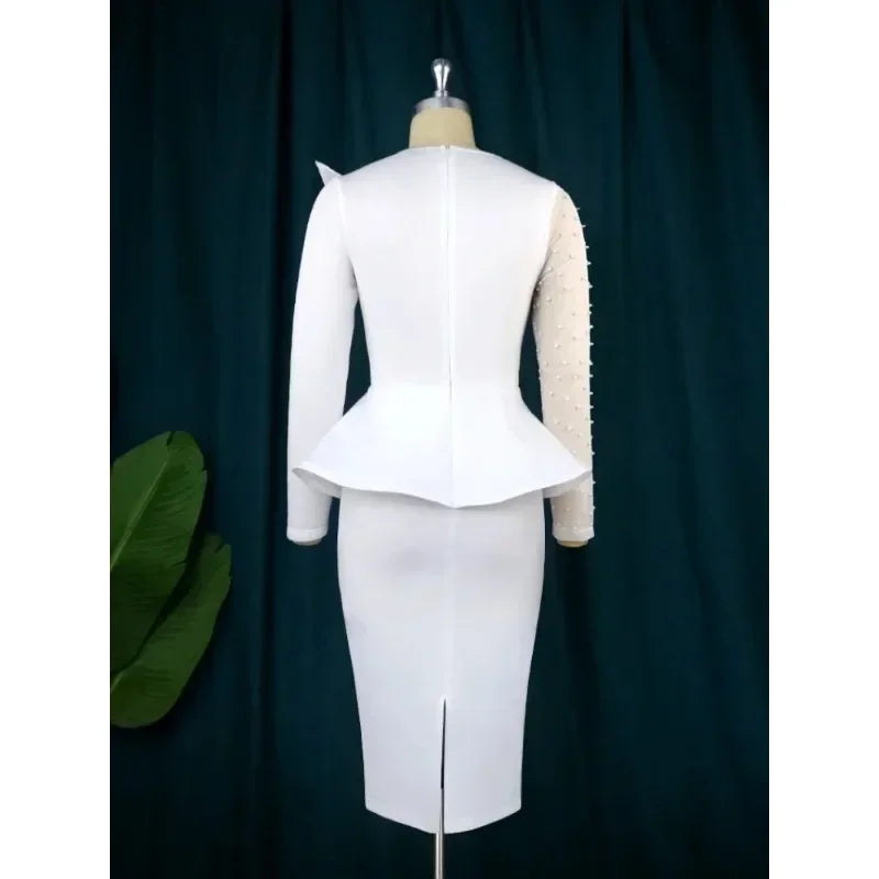 Elegant white women’s party dress featuring long sleeves, beading mesh, patchwork, peplum, and O-neck for evening or birthday events.