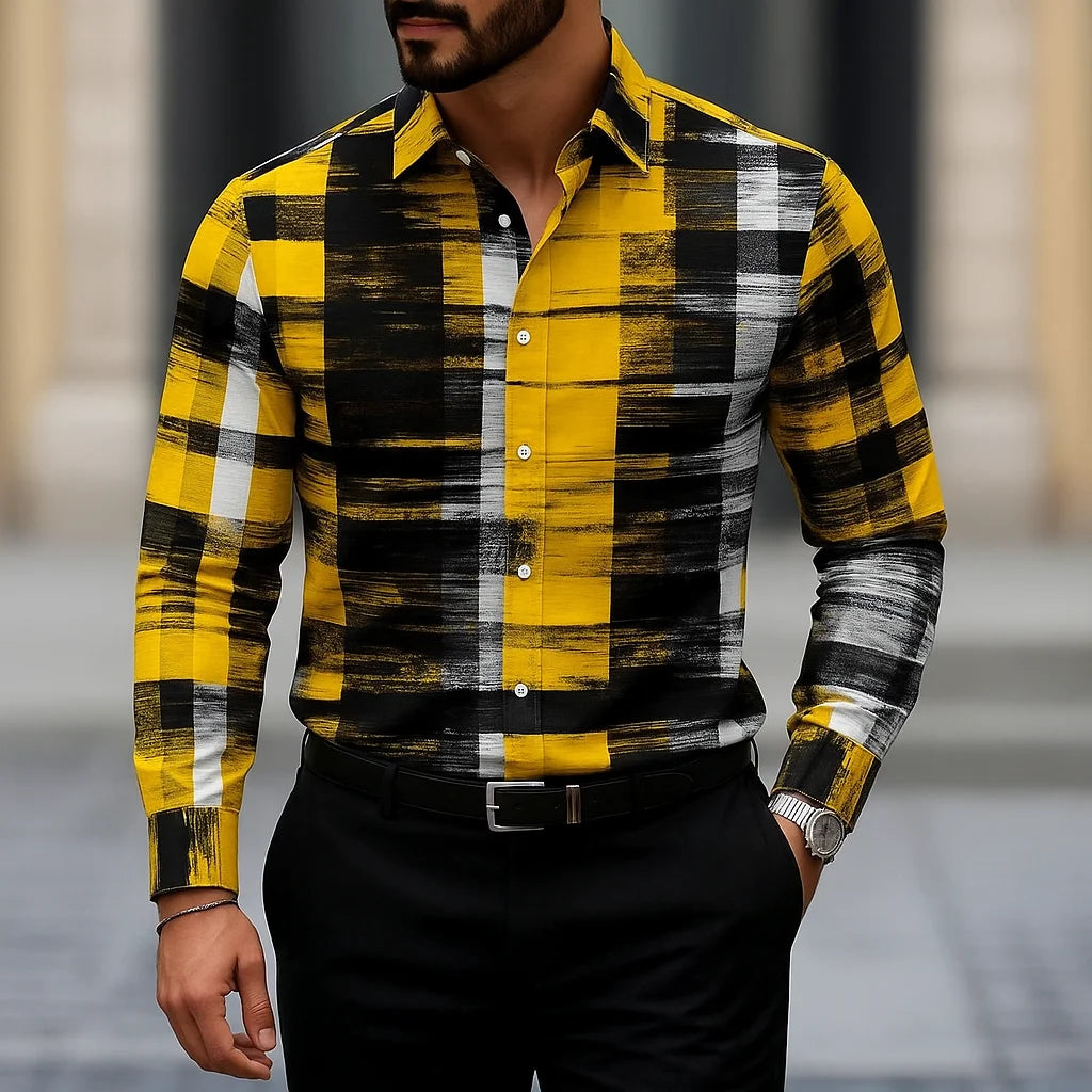 Showlu Men's slim fit button-down shirt with linear stripe texture, featuring a classic collar and long sleeves.