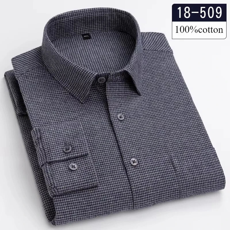 Showlu Fashion men's slim fit long-sleeve cotton brushed plaid shirt with soft casual striped design