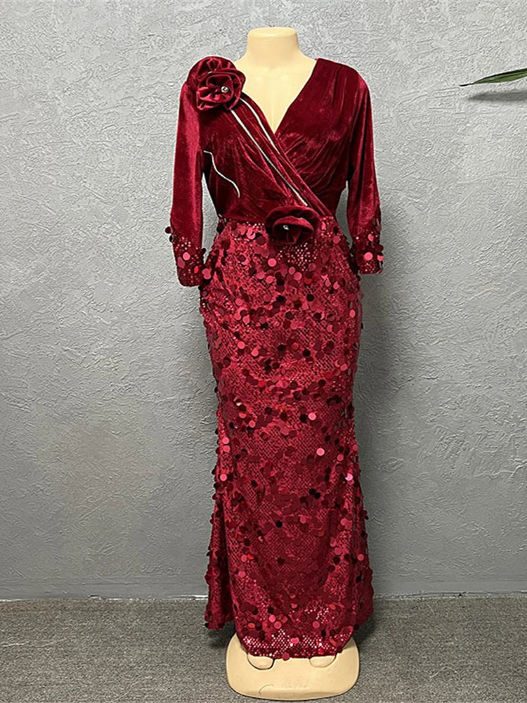African Mermaid evening gown by SHOWLU FASHION STORE featuring a V-neck, sequined bodycon design for wedding or party occasions.