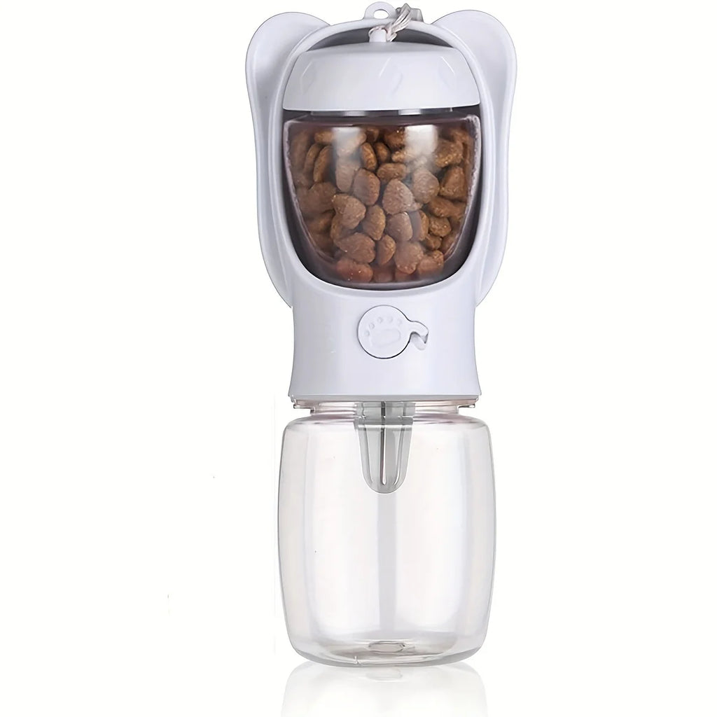 Showlu portable dog water bottle and food container for pet travel, compact design with drinking spout and food compartment.