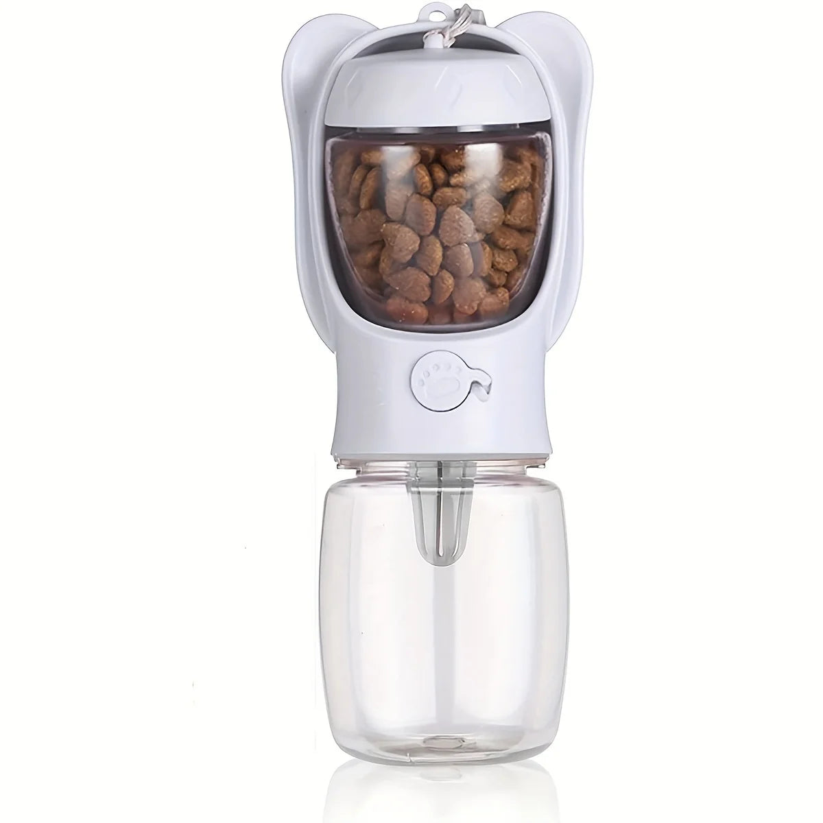 Showlu portable dog water bottle and food container for pet travel, compact design with drinking spout and food compartment.