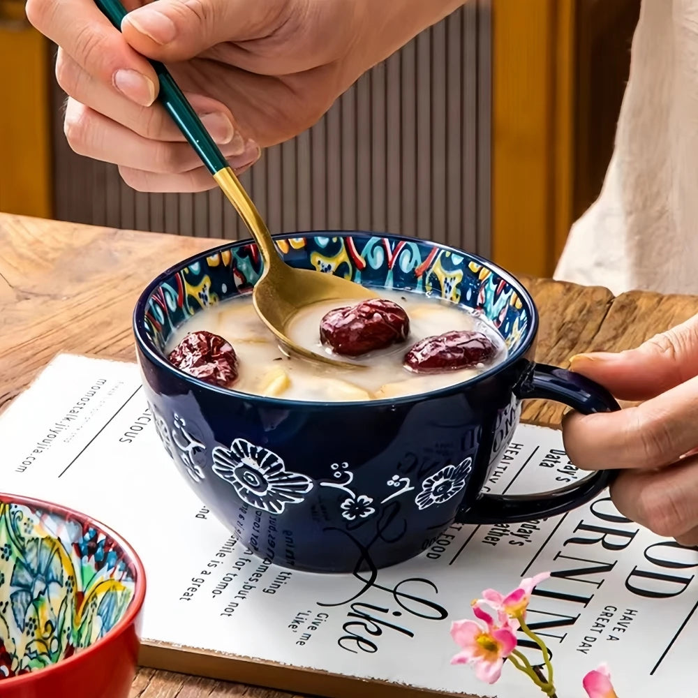 Bohemian ceramic coffee mug by Showlu Fashion, 13.5 oz porcelain tea cup with colorful boho design and sturdy handle.