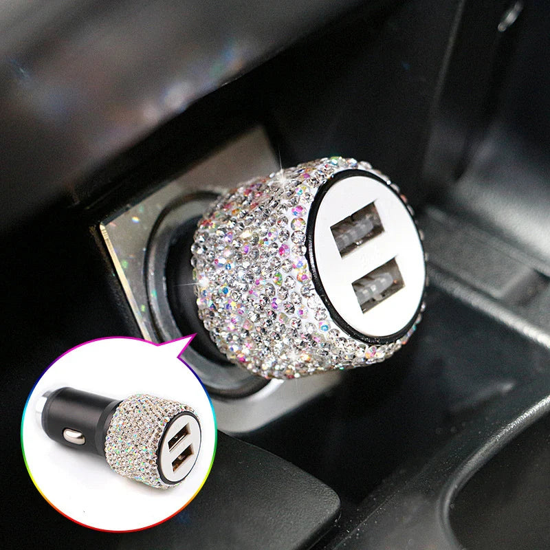 Diamond car charger with dual USB ports and safety hammer, SHOWLU FASHION STORE brand, designed for fast charging and safety.