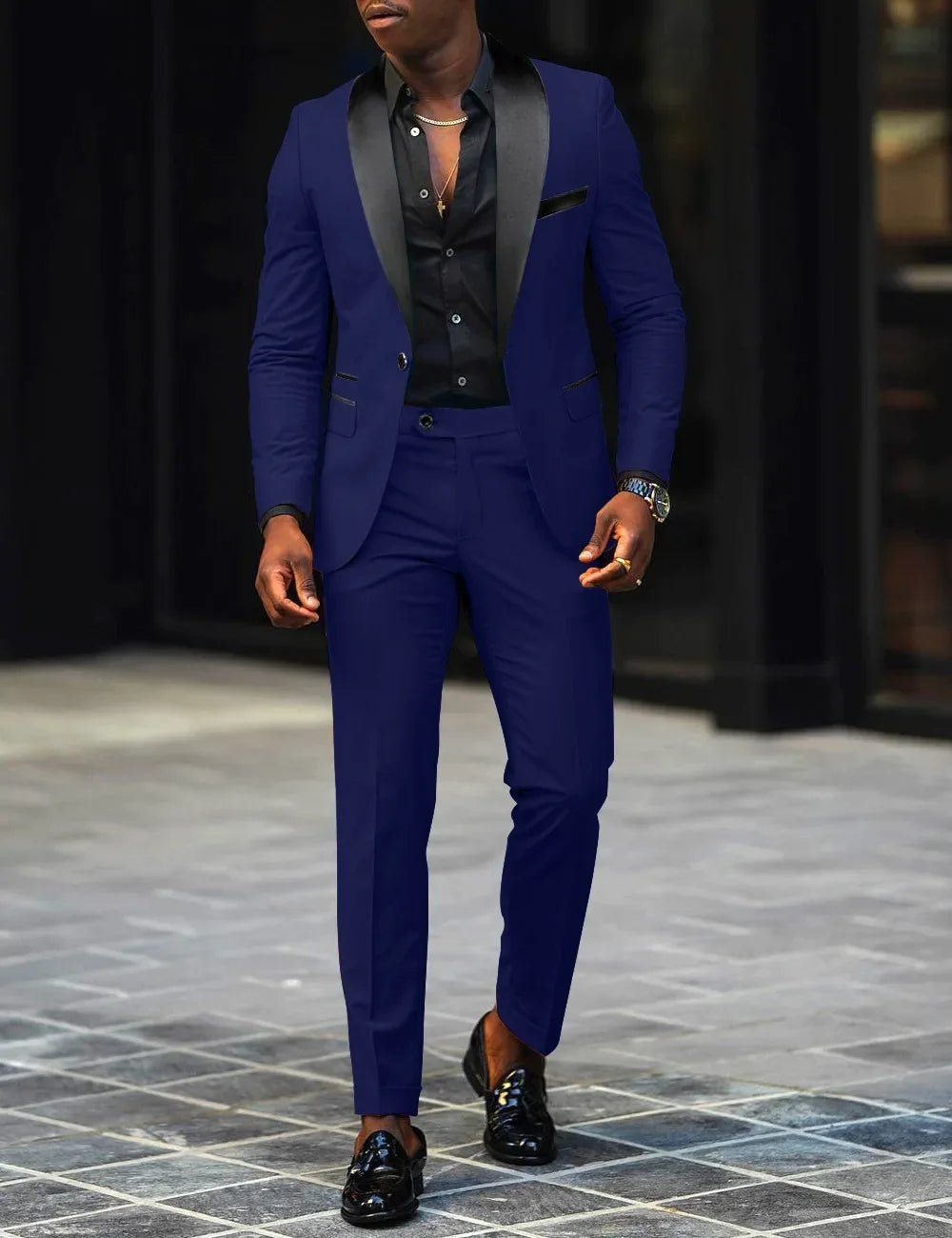 Men's slim-fit business casual suit jacket and trousers, breathable two-piece set, featuring side slits and single-button design.