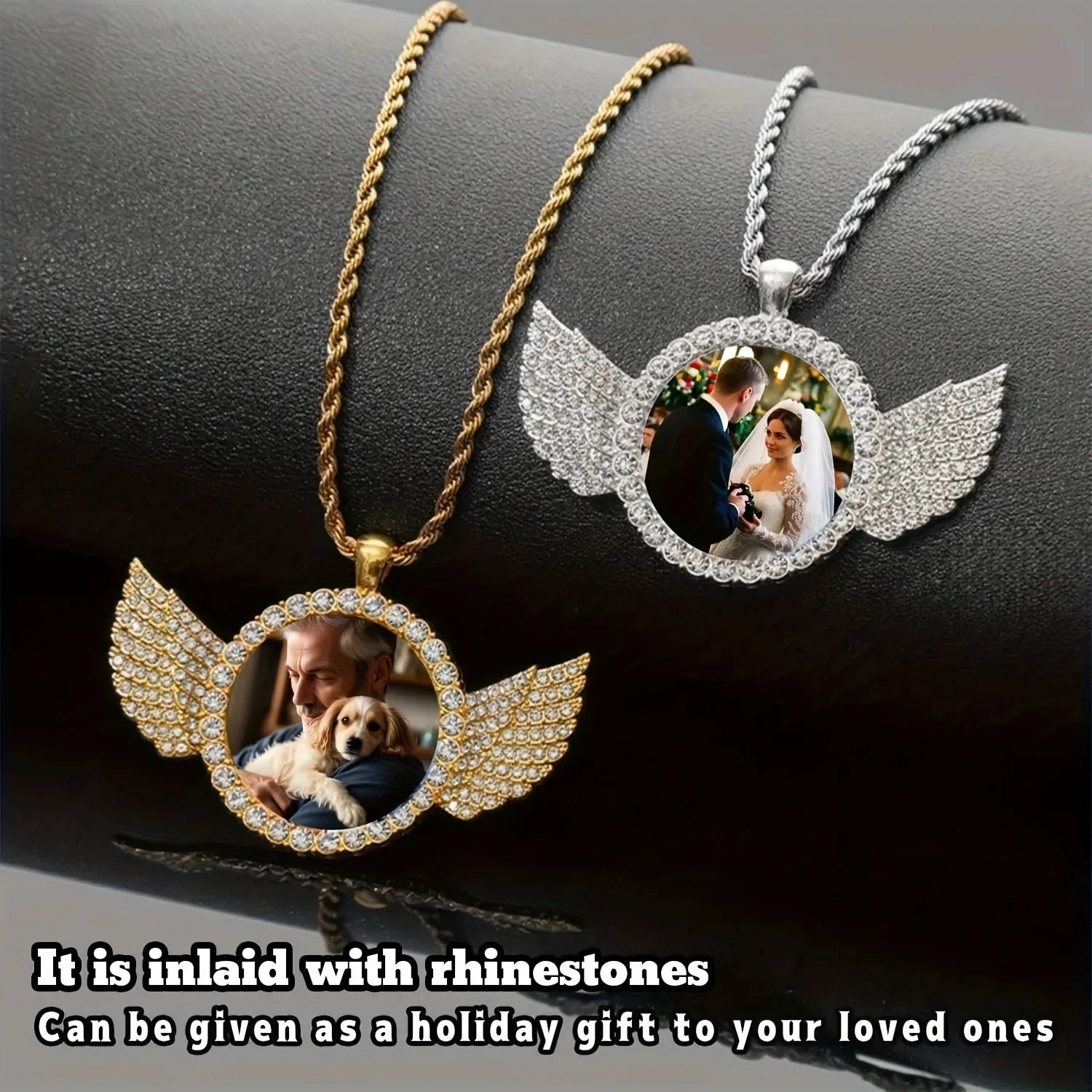 Custom angel wing round photo necklace by Showlu Fashion Store featuring a personalized pendant with an angel wing design.