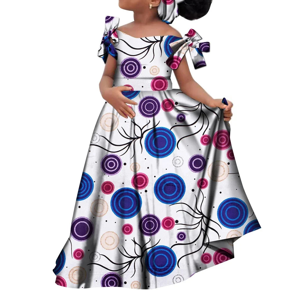 Girls' African Dashiki cotton dress with matching headscarf by SHOWLU FASHION STORE, featuring vibrant traditional African print.
