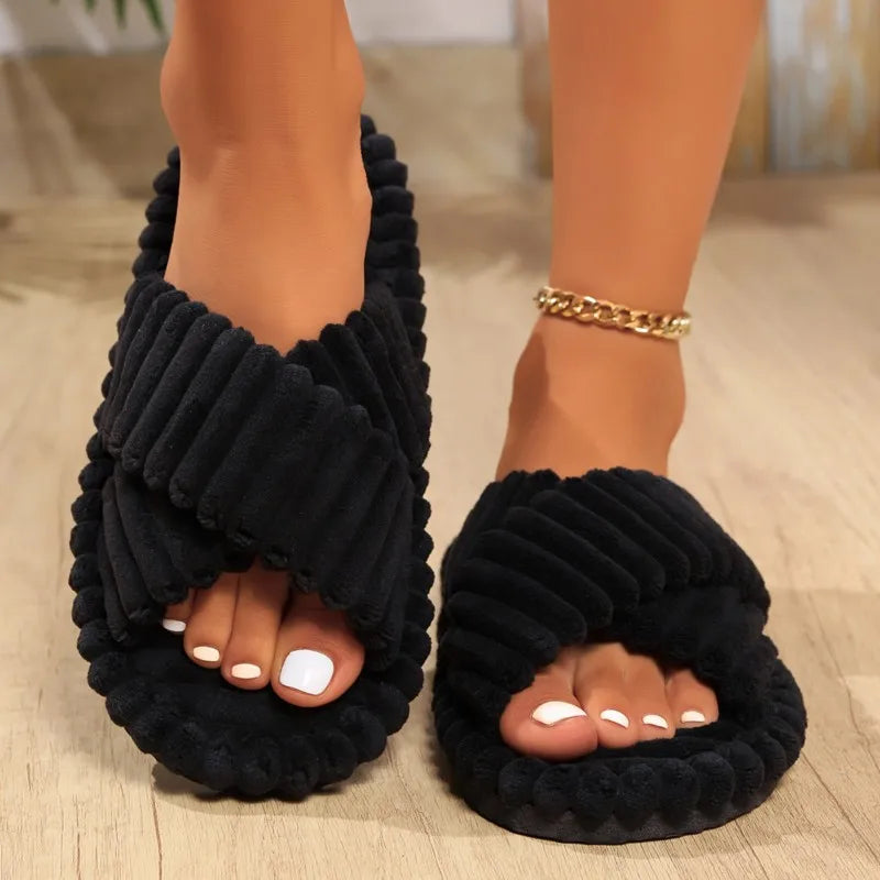KUIDFAR Women's corduroy memory foam slippers with soft crossband design, comfortable house shoes for home wear