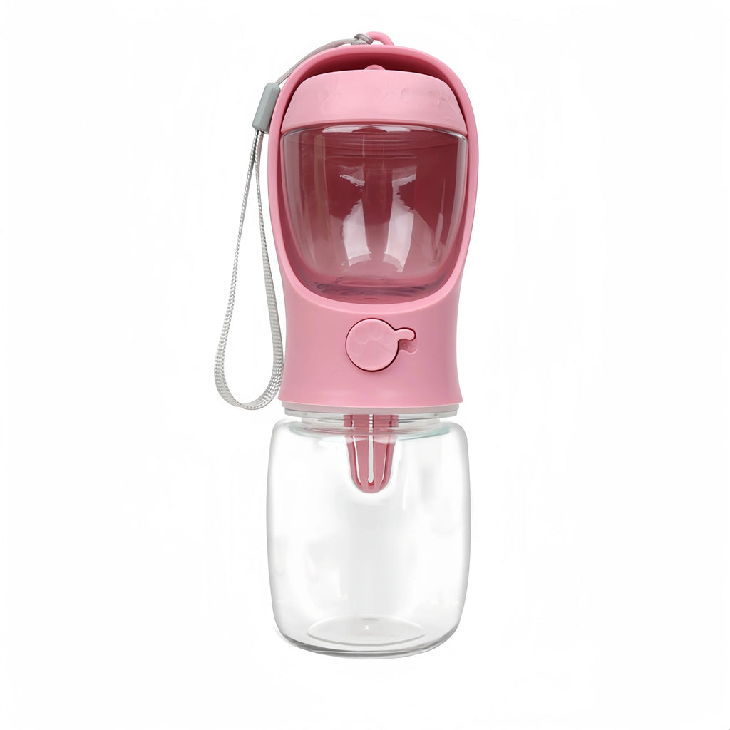 Showlu portable dog water bottle with built-in water dish for travel, featuring a compact design for pet hydration on the go.