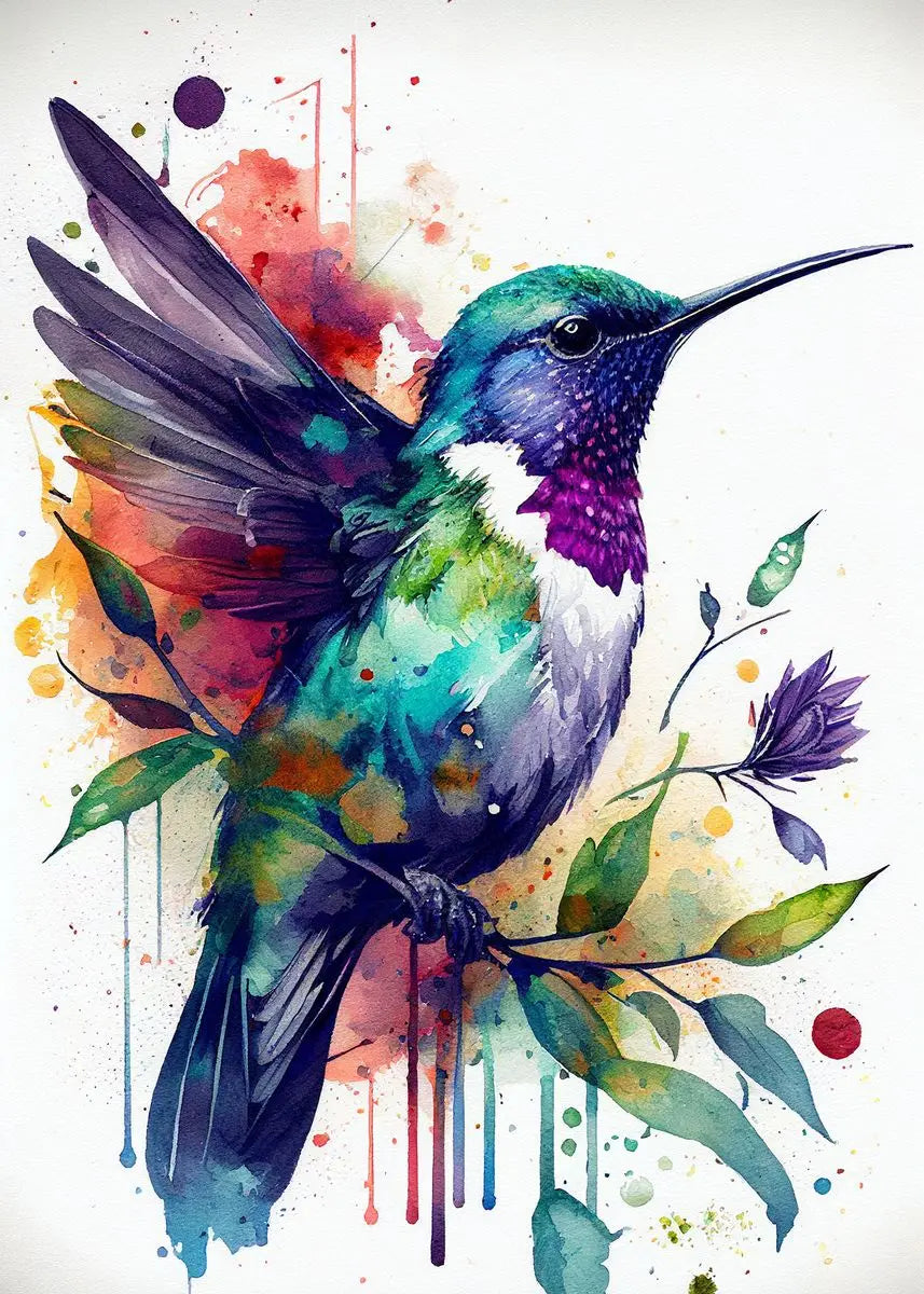 Colorful watercolor hummingbird and flower wall art canvas painting, vibrant bird and floral decor for living room.