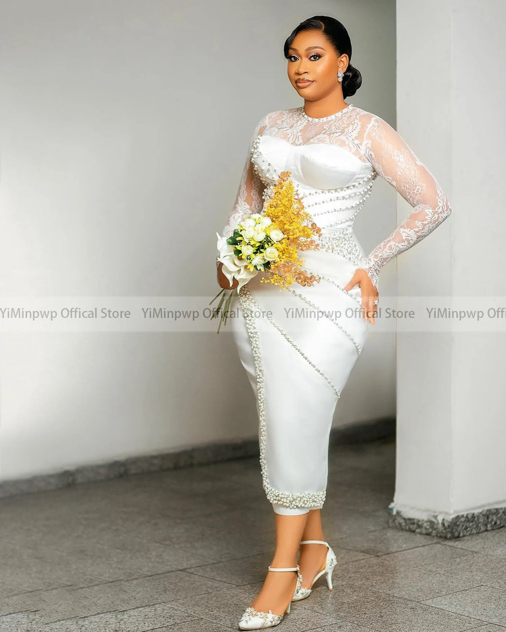 Lace tea-length wedding dress with long sleeves and pearl embellishments, designed by SHOWLU FASHION STORE.