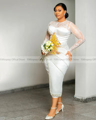 Civil Wedding Dresses for Bride O Neck long Sleeve Tea Length Lace Pearls Beads Aso Ebi Birdal Gowns Robes de mariee Customized