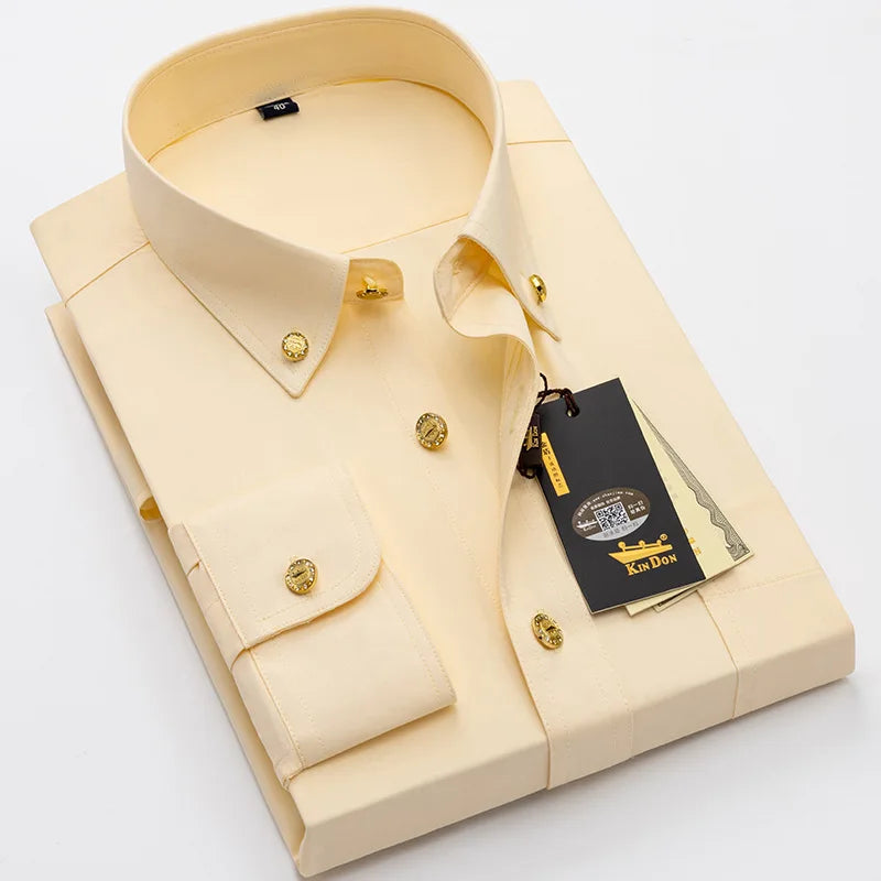 Men's luxury long sleeve business casual shirt by Showlu Fashion with brass buttons, ironing resistant fabric, suitable for office wear.