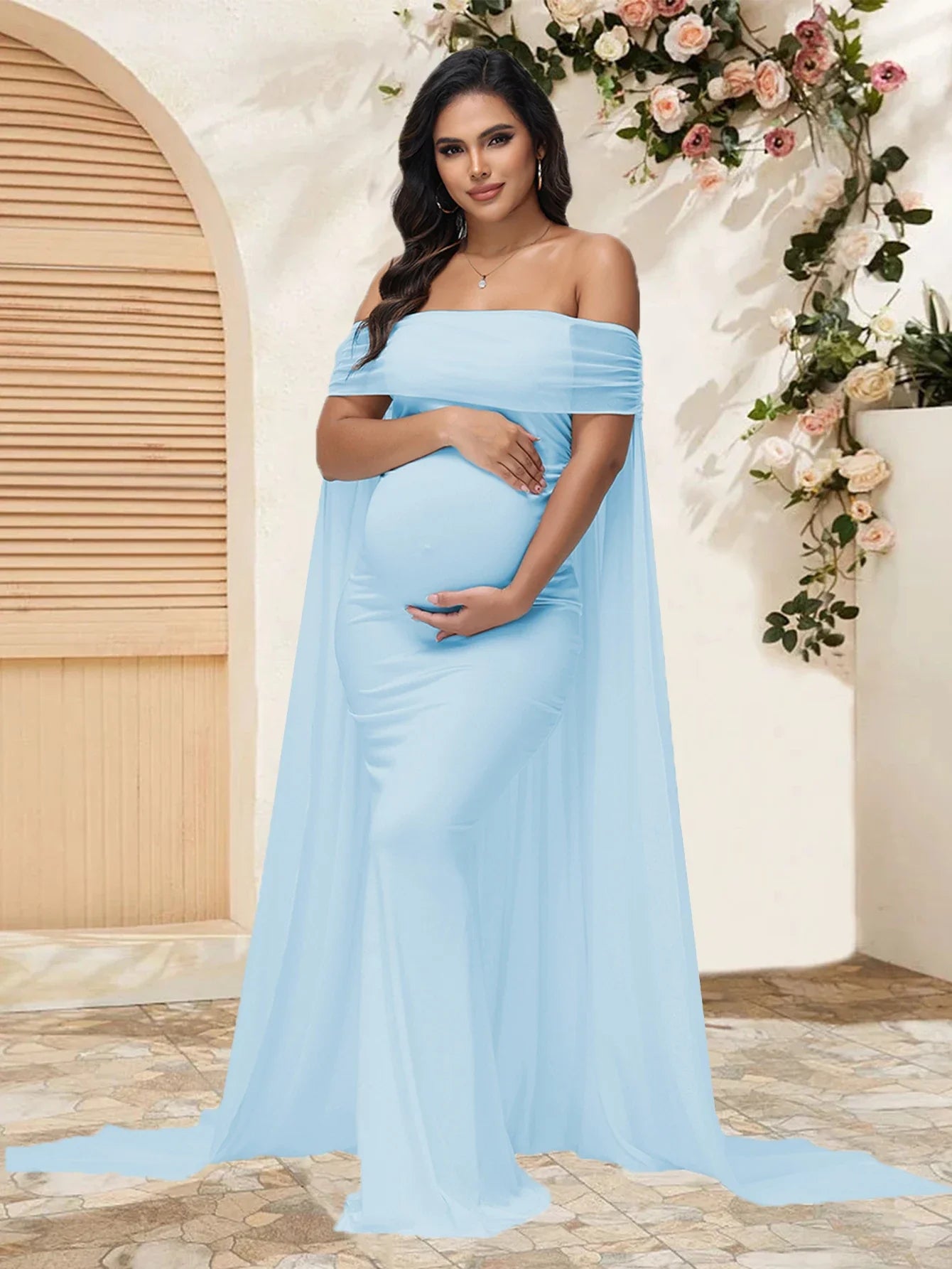 Showlu maternity photography dress in mesh chiffon, flowing maxi gown perfect for photoshoots and maternity shoots.