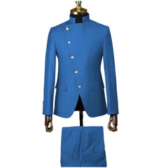 Fashion Stand Collar Men Suits 2 Piece Formal Single Breasted Smart Casual Outfits Solid Color Chic Wedding Party Slim Male Suit