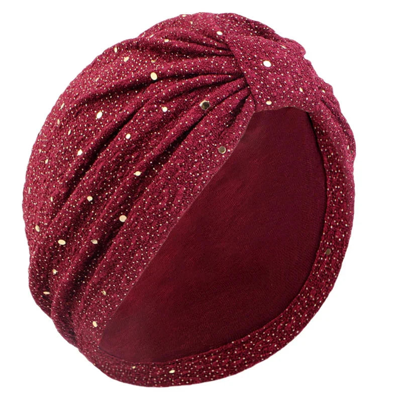 GATHERTOP women's sequin knotted turban hijab chemo cap beanie bonnet in silver with sequins and knotted design, stylish head covering.